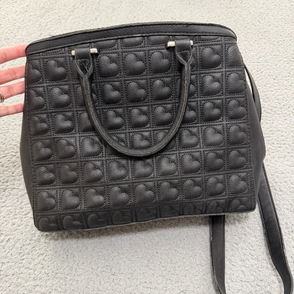 Betsey Johnson Purse Black Pink Heart Quilted Bow Satchel Crossbody Bag Strap
